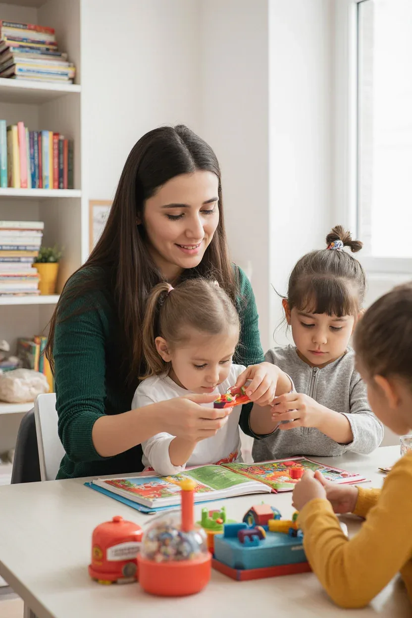 Anaokulu öğretmeni Ayşe, çocuklarla etkinlik yaparken