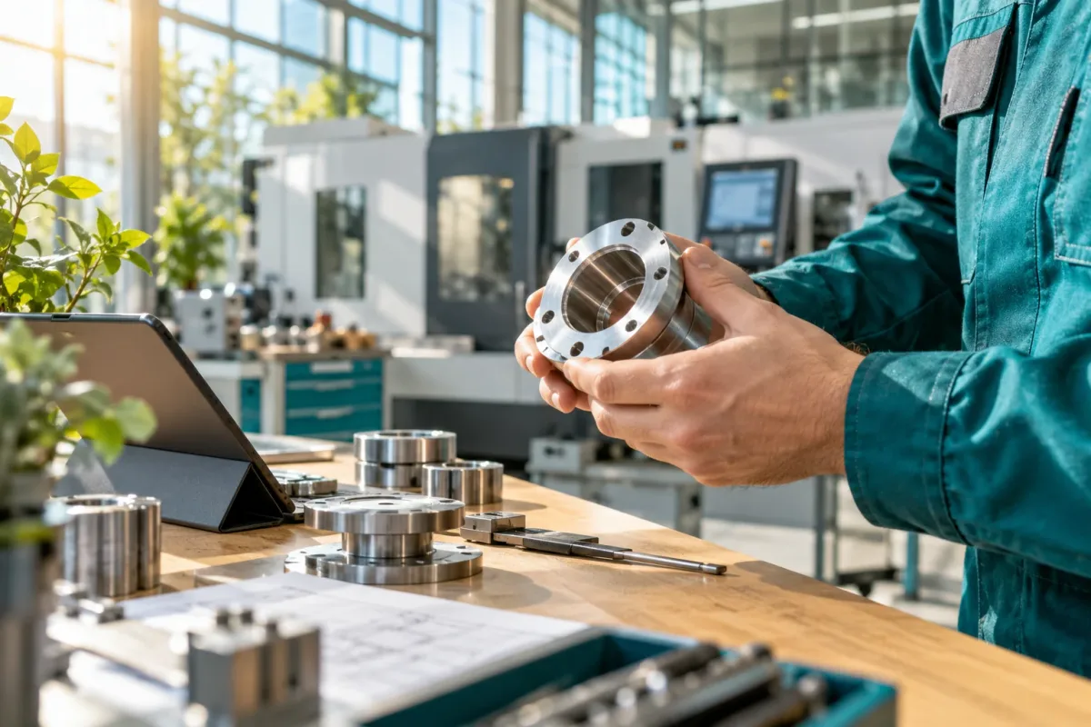 Aydınlık modern atölyede metal parçayı inceleyen teknisyenin elleri; temsili görsel